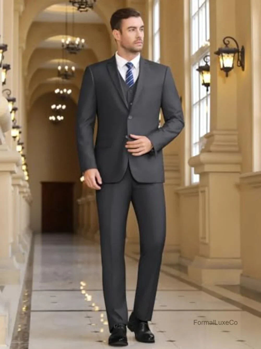 3 Piece Slim Fit Suit Set - Jacket, Vest, Pants, Tie